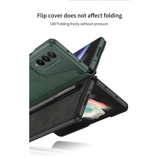 Pen Slot Mobile Phone  Cover All-inclusive Creative Magic Sticker Leather Flip Folding Protective Case Compatible For Zfold3/w22 Lychee pattern