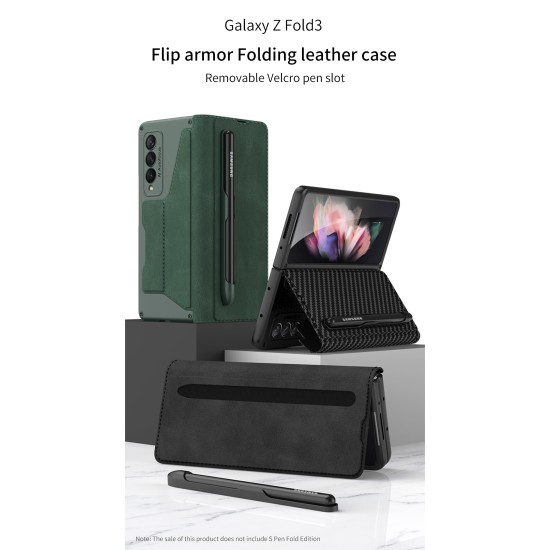 Pen Slot Mobile Phone  Cover All-inclusive Creative Magic Sticker Leather Flip Folding Protective Case Compatible For Zfold3/w22 black