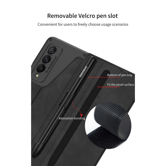 Pen Slot Mobile Phone  Cover All-inclusive Creative Magic Sticker Leather Flip Folding Protective Case Compatible For Zfold3/w22 black