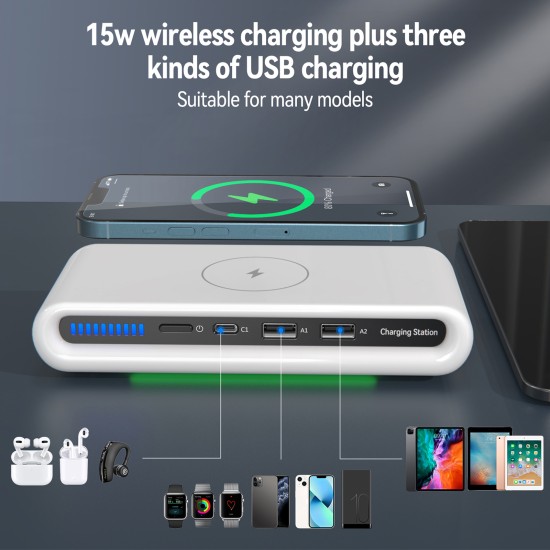 15w Wireless Charger 4-in-1 Usb Multi-port Qc3.0 Fast Charging Station with Rgb Night Light N67 Multi-port Charger