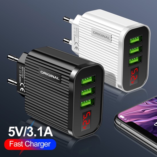 3 Usb Ports Mobile Phone Charger Digital Display 5V/3.1A Travel Fast Quick Charging Adapter Black EU Plug