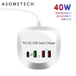 4 Ports Usb Charger Hub 40w Pd Qc3.0 Quick Charge Adapter Phone Charger for Iphone Xiaomi Samsung Huawei UK Plug