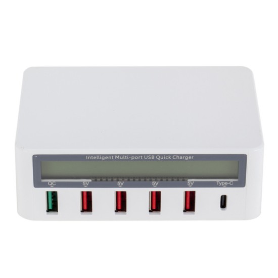 5 Port USB QC 3.0 Quick Charger LCD Voltage Current Display for iPhone iPad Samsung white_US plug