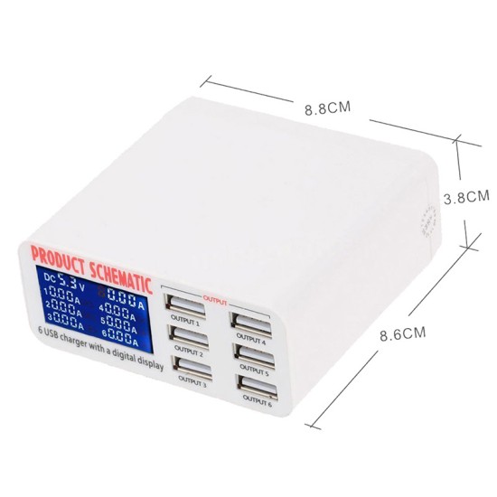 6 Ports USB Charger Travel Charger LCD Digital Display Smart Charging Station Multi-Port USB Charging Plug US plug