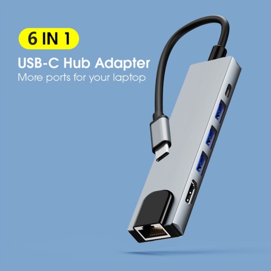 6-in-1 Usb C Hub, Type C to Ethernet HDMI-compatible USB Adapter with 100Mbps Ethernet Port, Compatible for MacBook/Pro/Air/ Android Phone/ Laptops/ Tablet grey