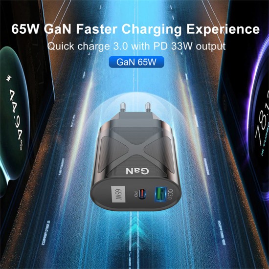 65w GaN Gallium Nitride Charger Multi-port Usb Fast Charge Adapter Compatible for Macbook Pro Laptop Phone Black US Plug