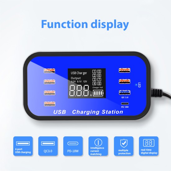 8 Port 8 A Charger Adapter Hub Quick Charge 3.0 USB Multi Port USB Charger Dock Station blue
