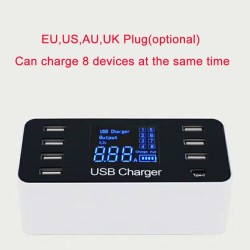 8 Port USB Type C 5V/8A Socket Charger with Voltage Current LCD Display for Smart Mobile Phone Tablet PC  EU plug