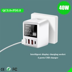 Portable Qc3.0 4 Ports Usb  Charger Multi-port Charger 40w Fast Charging Compact Design Mobile Phone Adapter With Led Display UK plug