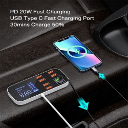 Portable Smart 8 Ports Usb Car  Charger Qc3.0 Pd Fast Charging Mobile Phone Charger 40w 8a Multi Usb Socket With Led Display A9S+