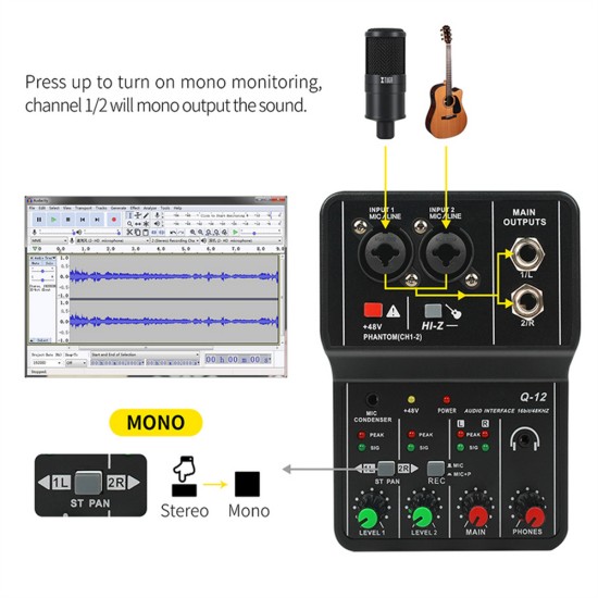 Q12 Audio Interface Usb Sound Card Drive-free Portable Mini 2-way Mixer Black