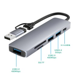 USB C Hub 6-in-1 Dual-head Type C USB Docking Station Pd Fast Charging Adapter HC-13FL