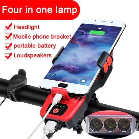 4 in 1 Bicycle Strong Light Headlight Set With Horn Mobile Phone Holder For Bike MTB Light 909 red_2400ma