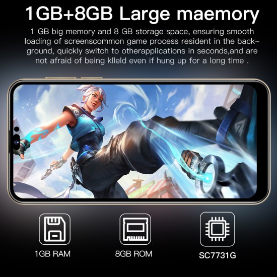 I14promax Smartphone 6.1 Inch HD Large Screen SC7731 Quad Core 1GB RAM 8GB ROM 2400mAh Mobile Phone Black EU Plug