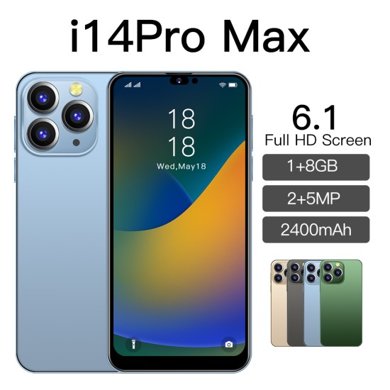 I14promax Smartphone 6.1 Inch HD Large Screen SC7731 Quad Core 1GB RAM 8GB ROM 2400mAh Mobile Phone Blue US Plug