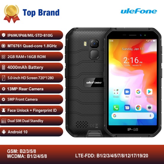 Ulefone Armor X7 5.0-inch Android10 Rugged Waterproof Smartphone Cell Phone 2GB 16GB ip68 Quad-core NFC 4G LTE Mobile Phone black_Non-European version