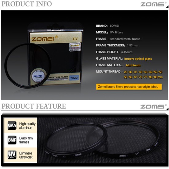 ZOMEI Ultra-Violet UV Filter Lens Protector for SLR DSLR Camera 49mm
