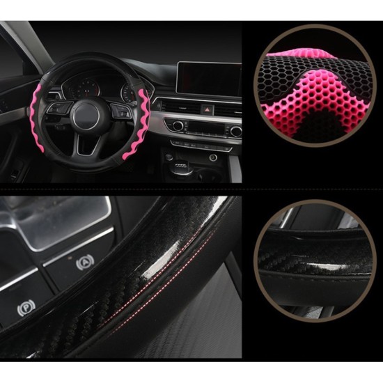 Car Supplies Steering Wheel Cover Genuine Leather SUV Four Seasons Universal Absorbent Non-slip  Cow Skin Cover Black and pink_38cm