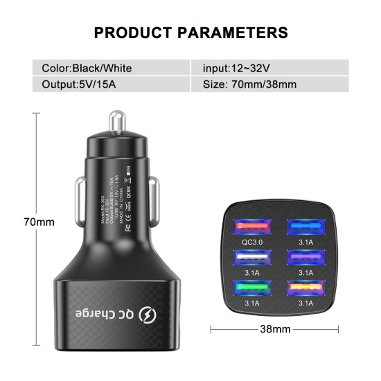 15a 6 Usb Car Charger Luminous Qc3.0 75w Fast Charging Phone Adapter with Led Light Display Black