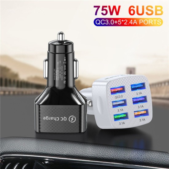 15a 6 Usb Car Charger Luminous Qc3.0 75w Fast Charging Phone Adapter with Led Light Display White