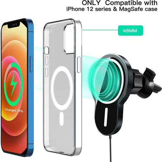 15w Sturdy Magnetic  Wireless  Car  Charger With Vent Phone Mount Convenient Charging Tool Compatible For Iphone 12 12pro 12pro Max 12 Mini black