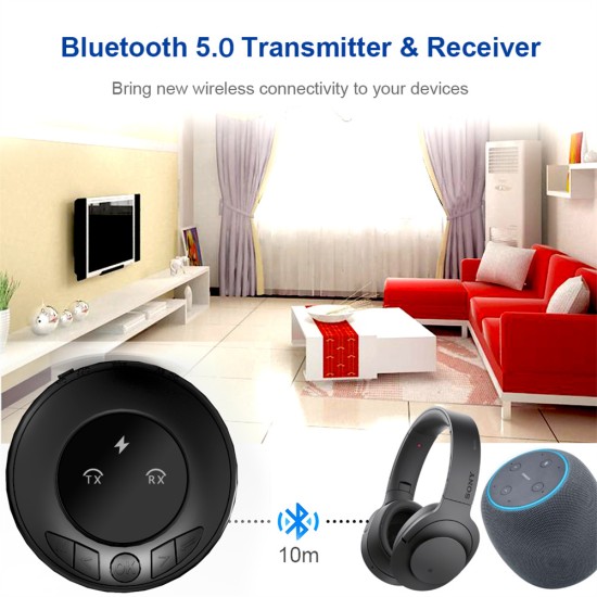 2-in-1 Wireless Audio Adapter Aux TV Car Computer Speaker Headphone Transmitter Bluetooth 5.0 Black
