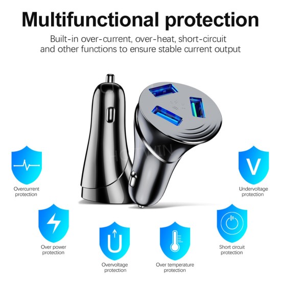 3-in-1 Car Charger 3.0 3-usb Multi-function Fast Charging Adapter With Indicator Light black