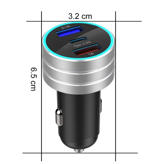 3.1A Dual USB Type-C Car Charger Fast Charging with LED Display Universal Mobile Phone Tablet  Silver
