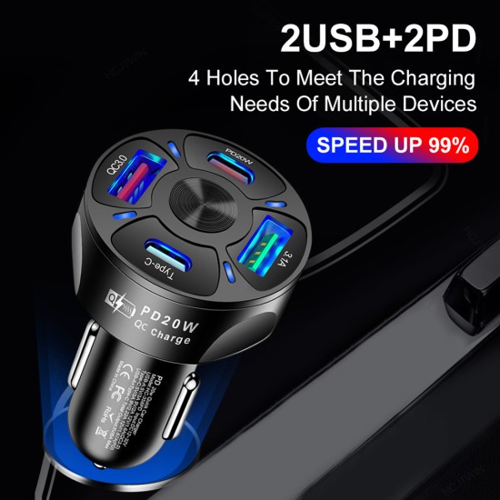 4-in-1 Car Charger Fast Charging Dock Pd 20w Type-c QC3.0 Usb 3.1a Fast for Mobile Phones Tablets Driving Recorders Black