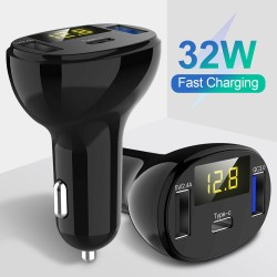 USB And Type-C Port Car Charger with Led Real-time Digital Display Fast Charging Adapter Black