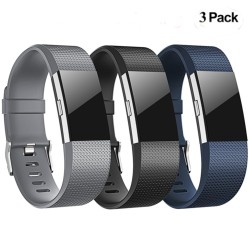 3pcs/set Replacement Wristband for Fitbit Charge 2 Band Silicone Strap Gray + black + midnight blue
